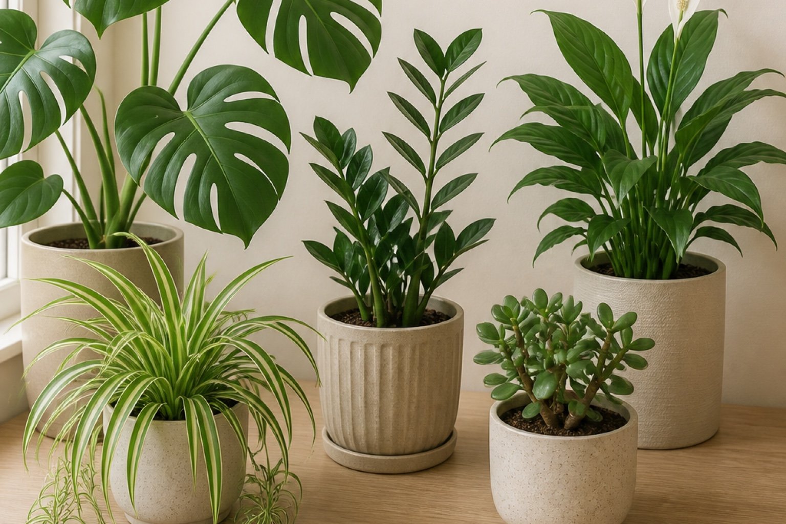 Indoor plant database featuring Monstera, spider plant, ZZ plant, peace lily and jade plant