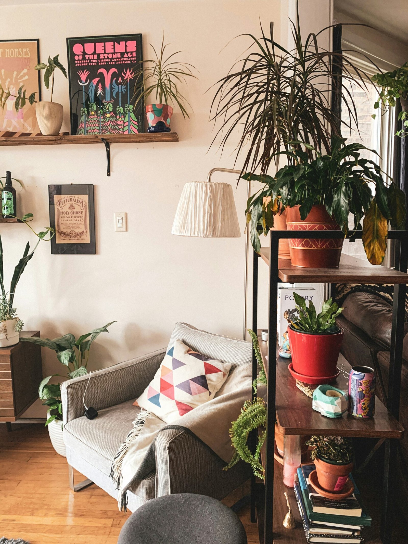A bright modern studio apartment with carefully chosen small houseplants on a shelf and windowsill