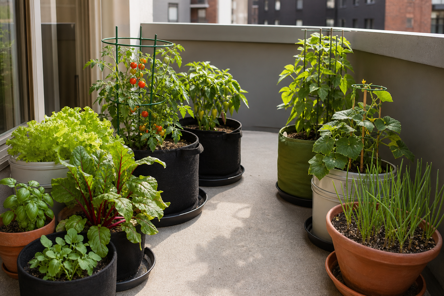 Balcony vegetable garden with nine compact crops in stable containers
