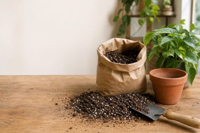 Best potting soil for indoor plants beside a trowel and small pots