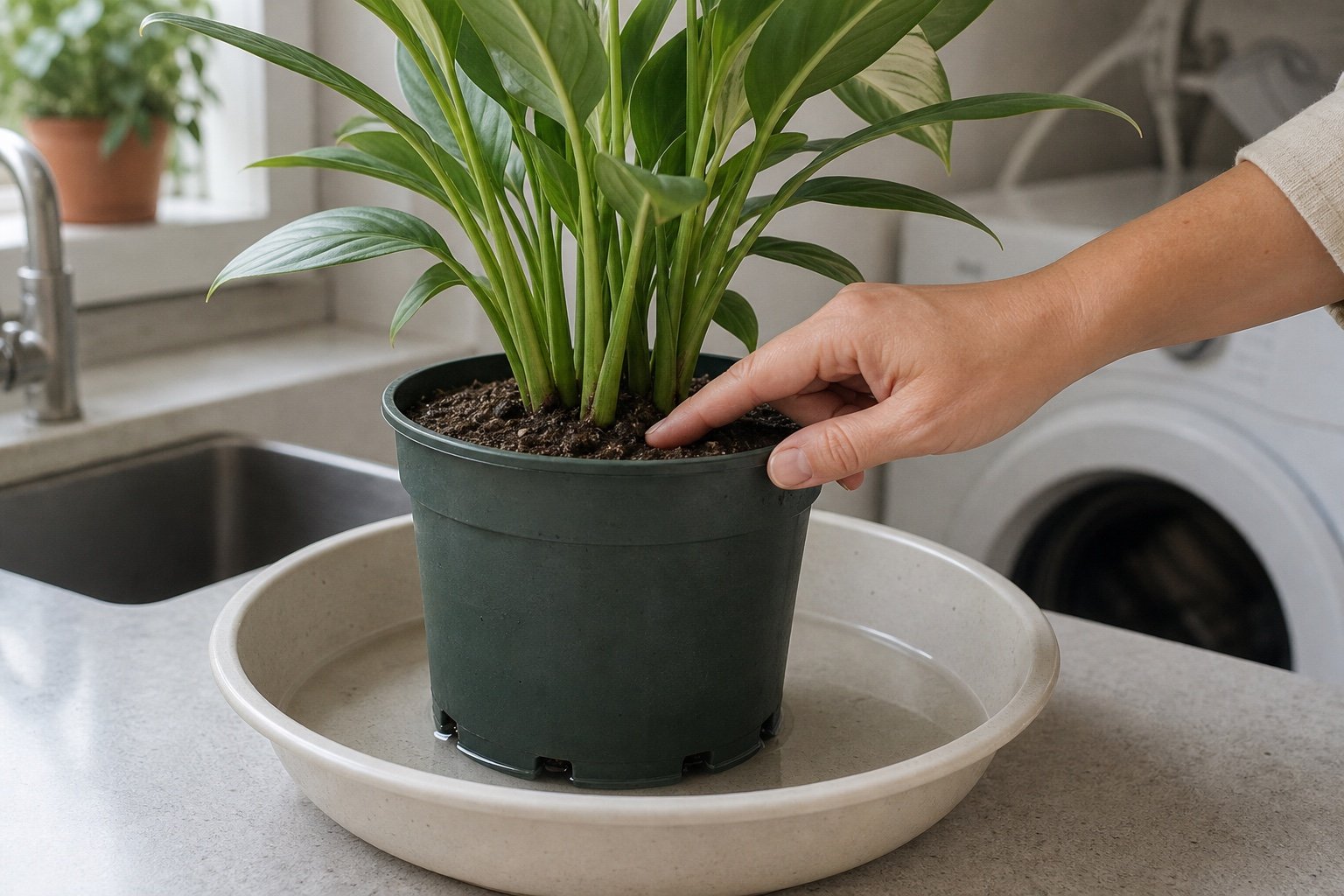 Houseplant absorbing water through drainage holes in a shallow basin