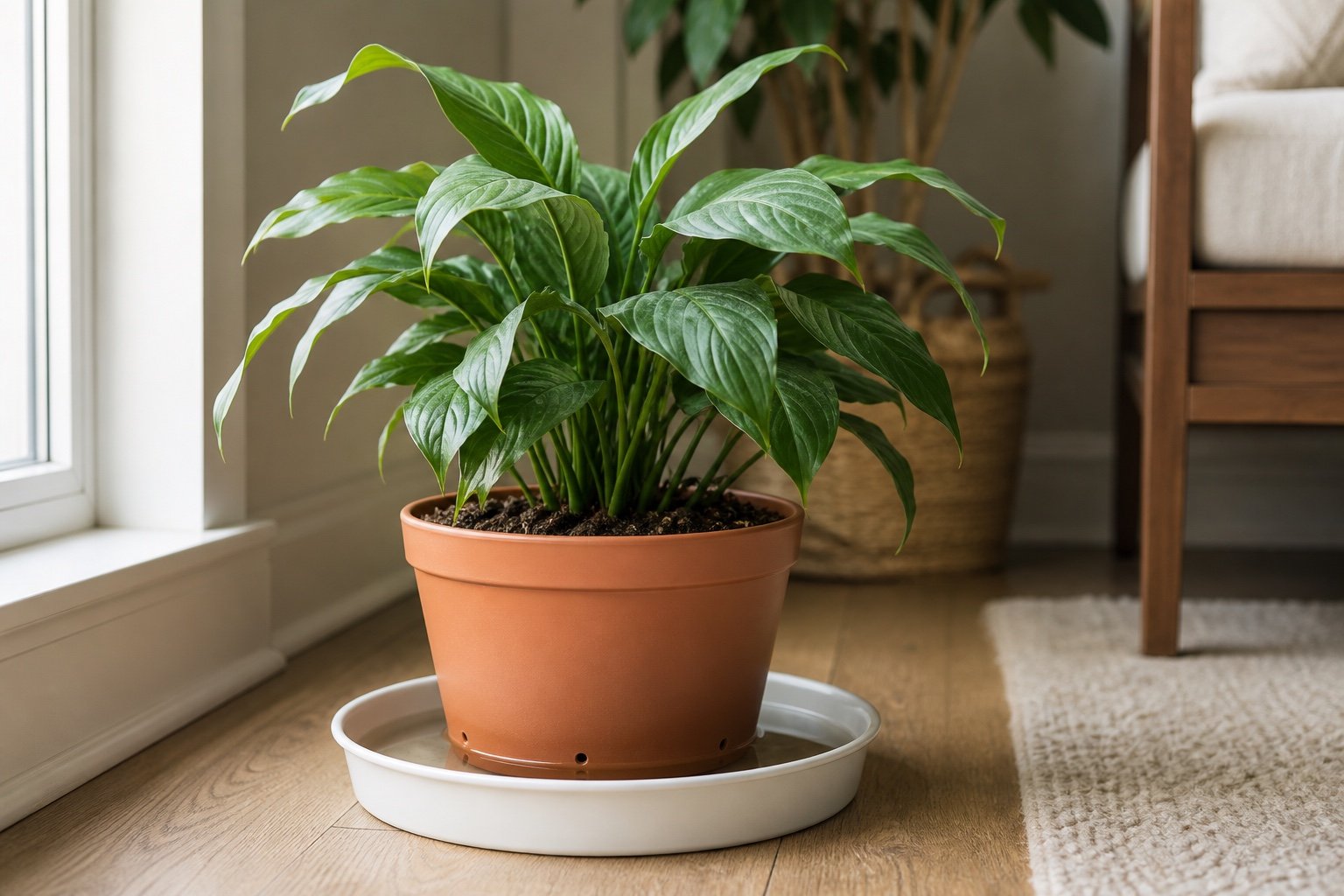 Bottom watering houseplants in a shallow tray
