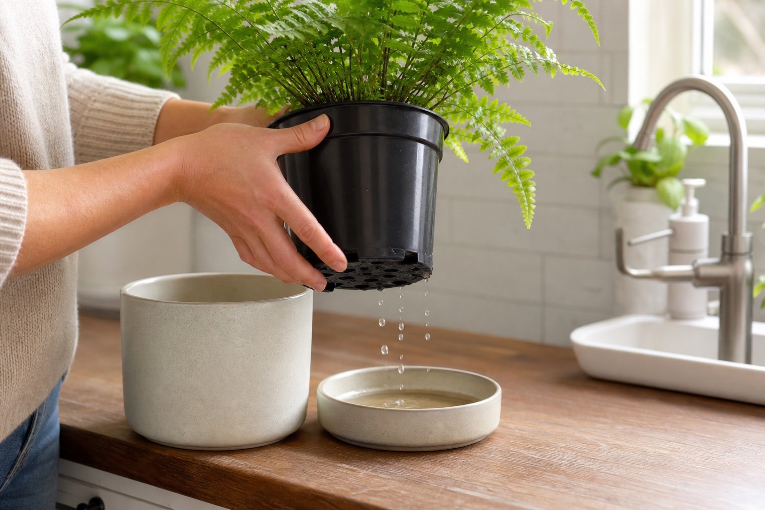 A nursery pot draining before it is returned to a decorative cachepot