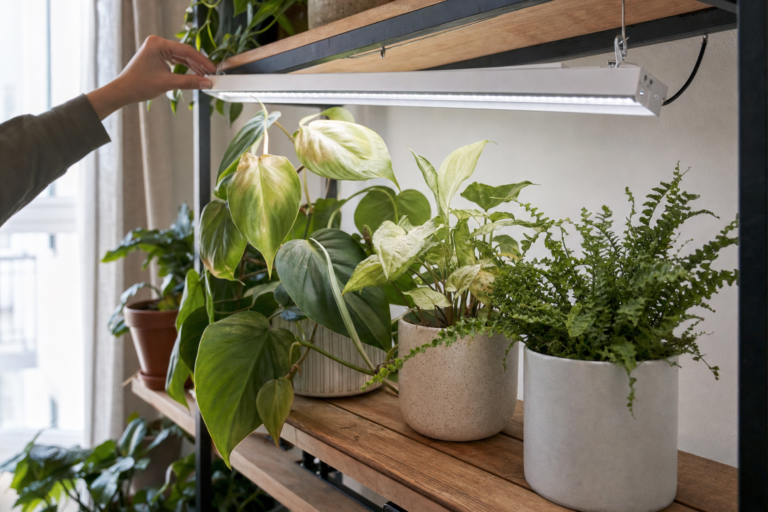 Can plants get too much grow light? Pale upper leaves beneath a bright LED fixture