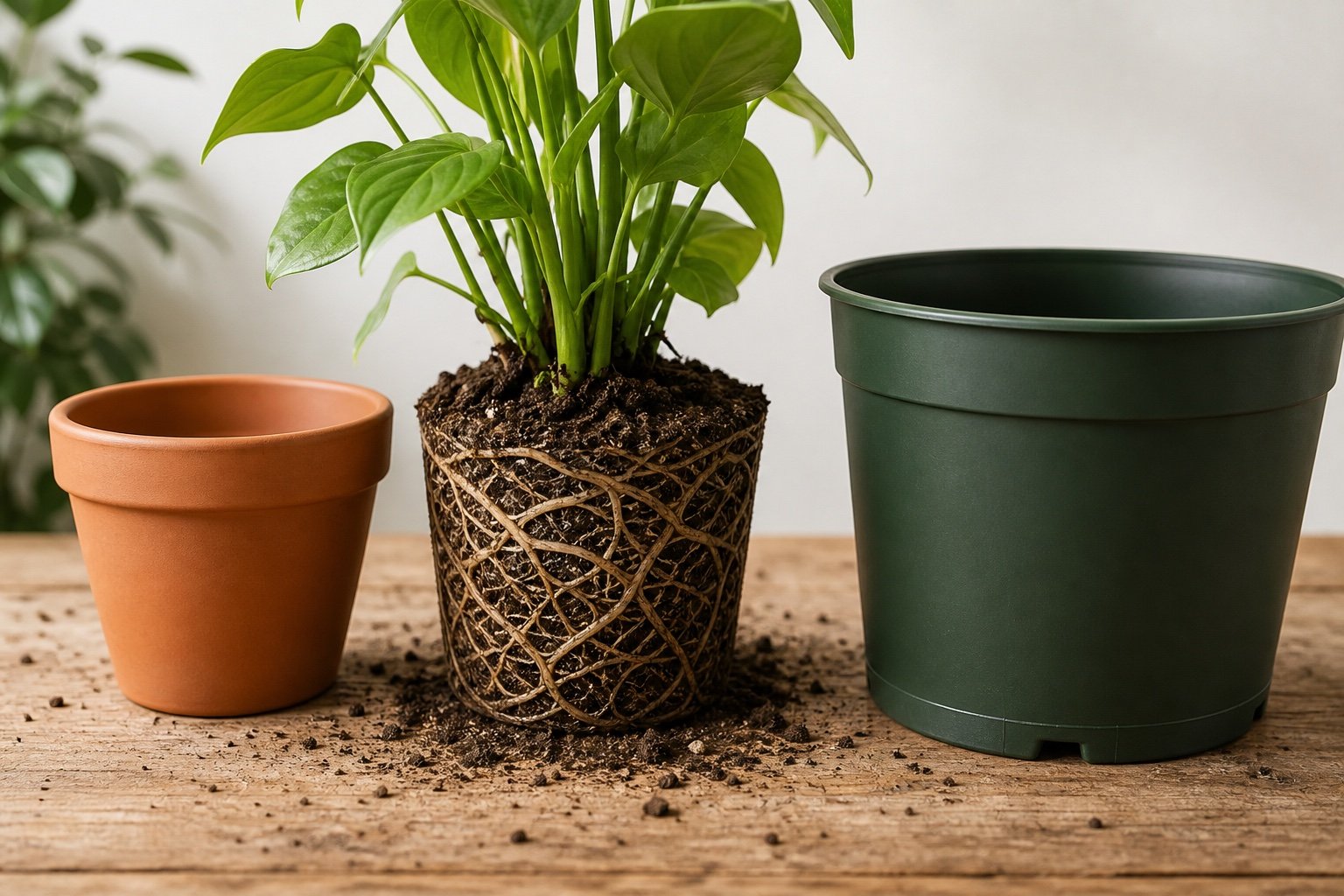 A houseplant root ball beside a correctly sized pot and an oversized pot
