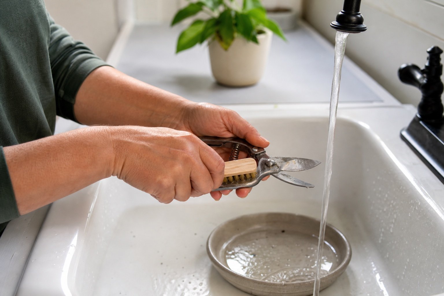 Cleaning plant tools and a saucer after inspecting an isolated houseplant