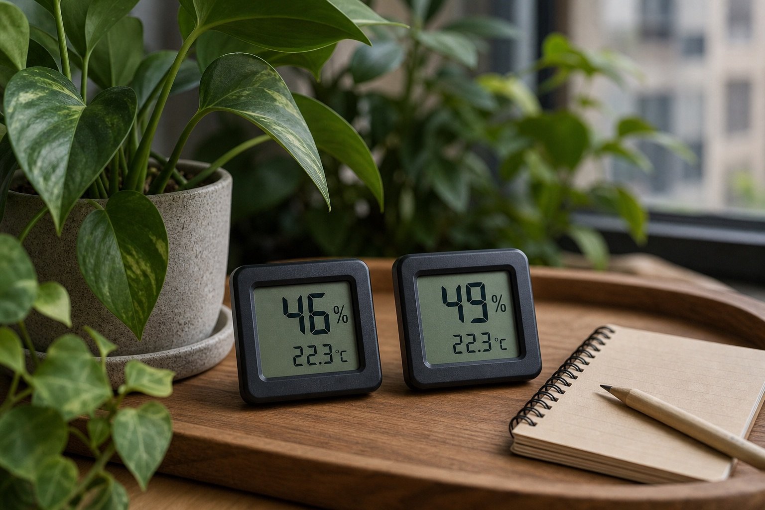 Two digital hygrometers compared side by side near houseplants