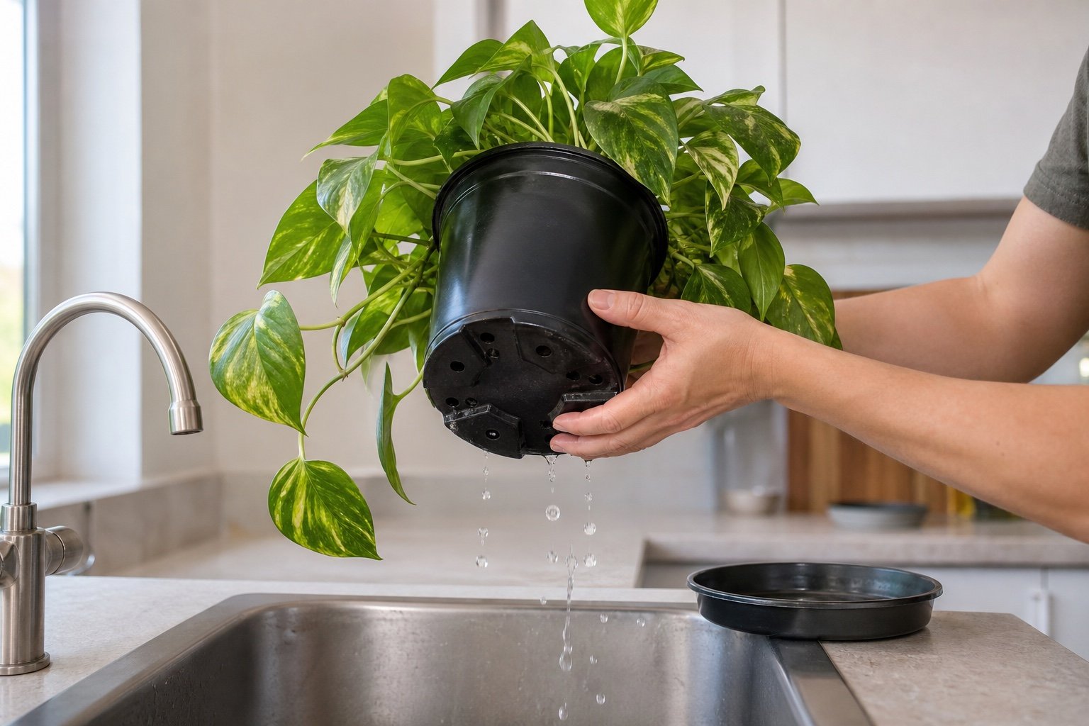 Houseplant draining over a sink after bottom watering
