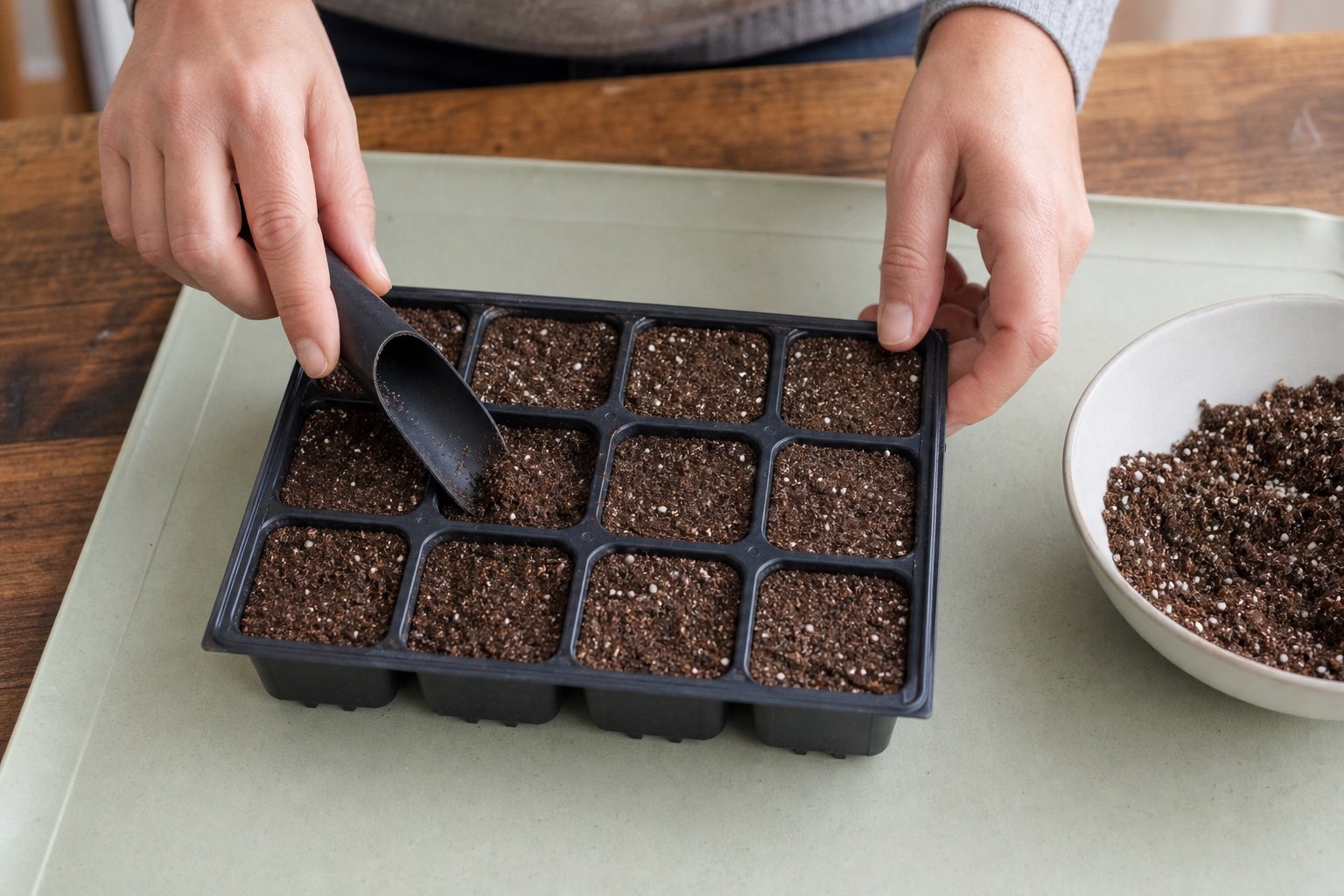 Filling a compact seed tray with evenly moistened seed starting mix