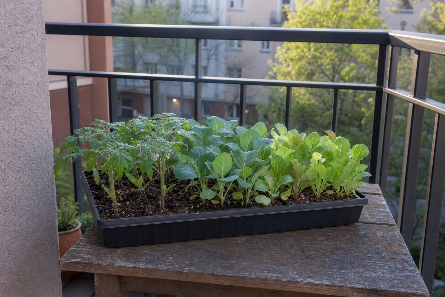 Healthy young seedlings hardening off on a sheltered apartment balcony