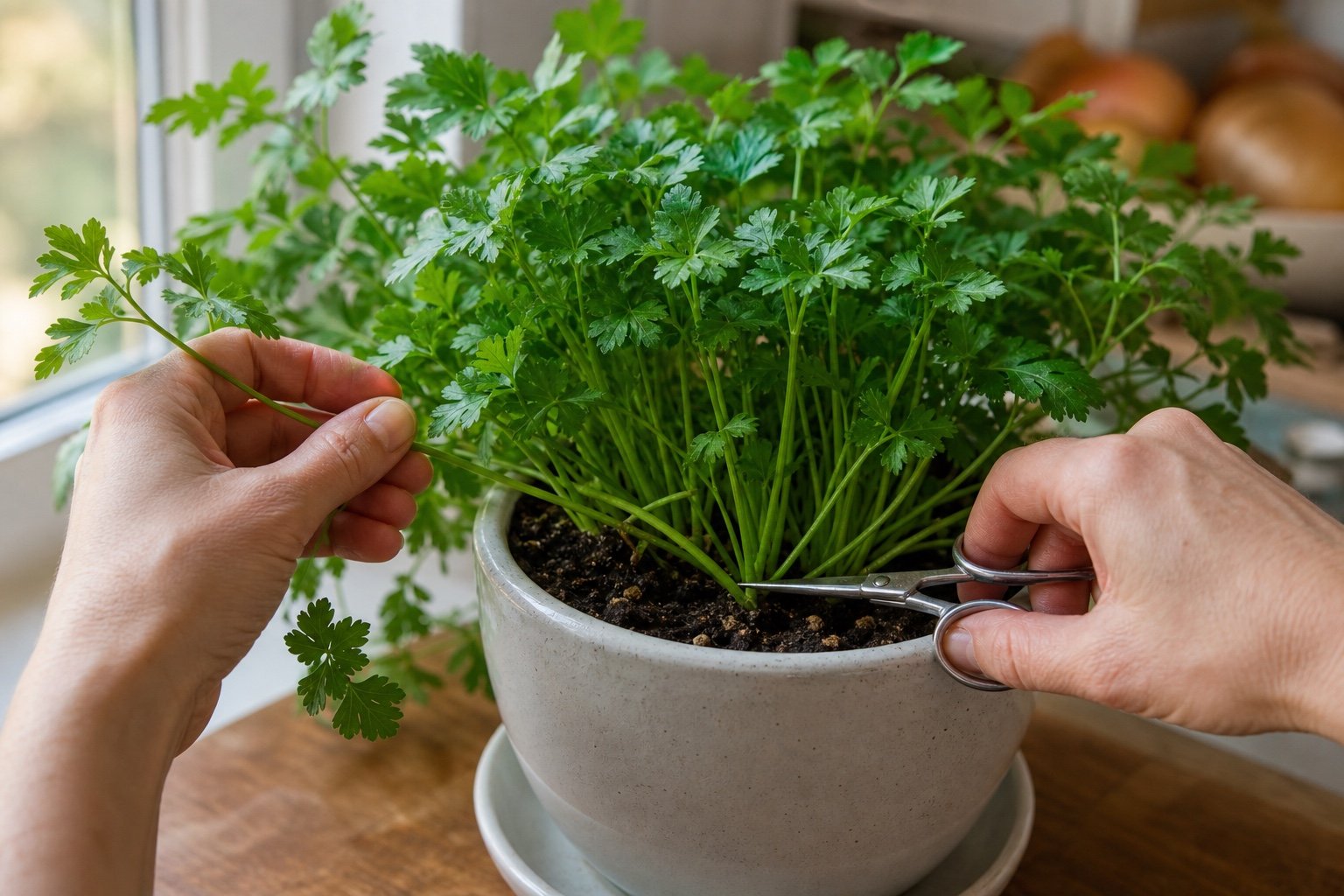 Harvesting outer parsley stalks near the base of an indoor plant