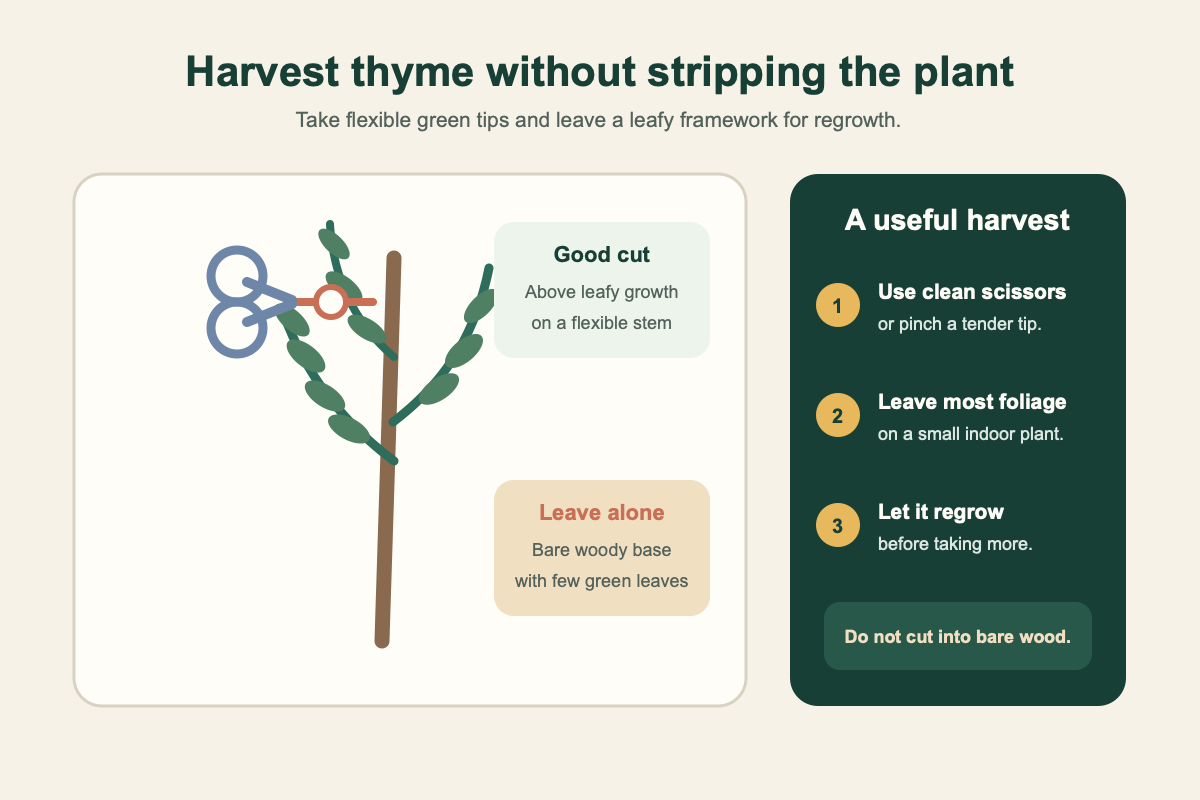 How to harvest thyme above leafy growth without stripping the woody plant