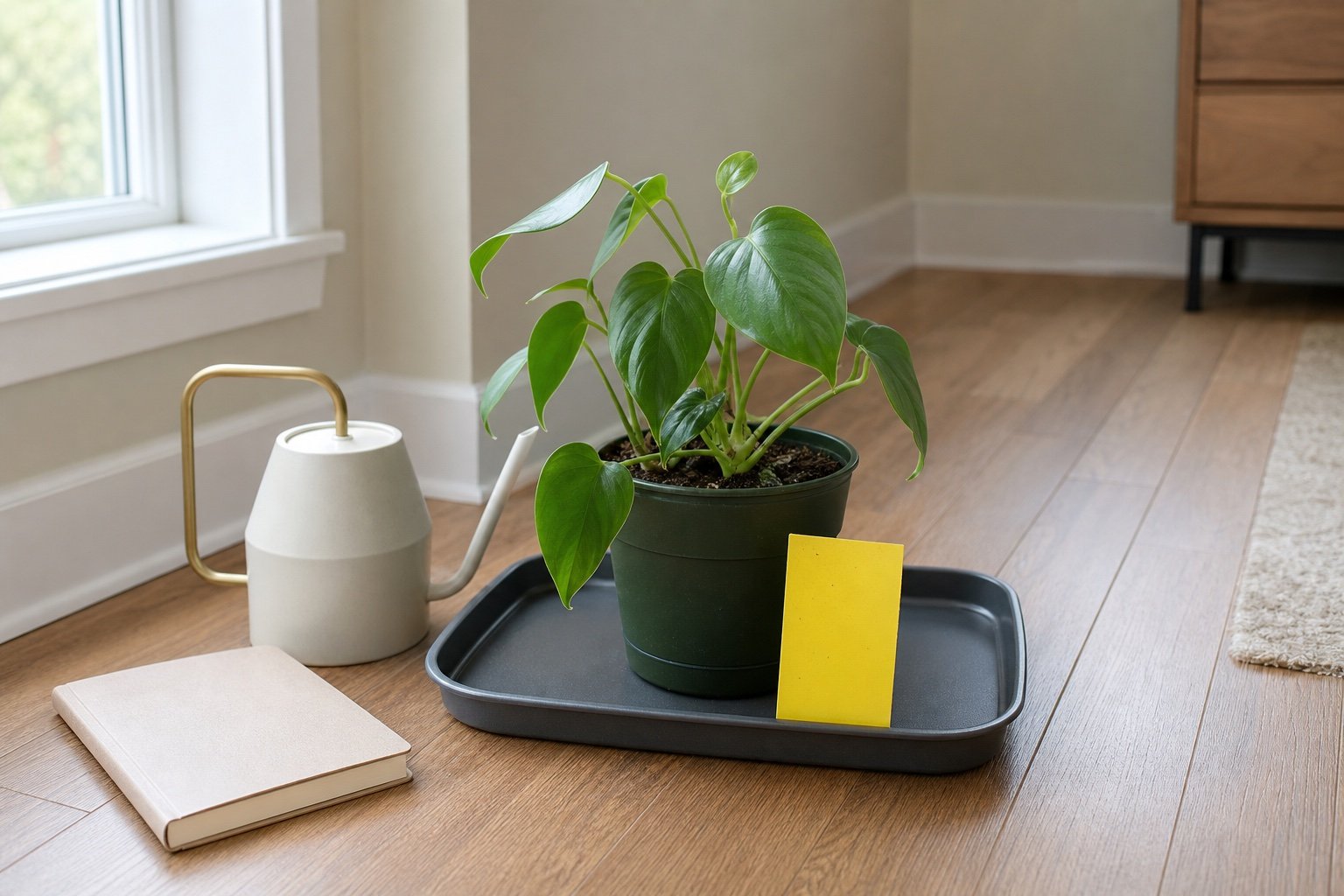 Simple indoor houseplant quarantine station with a tray and sticky card