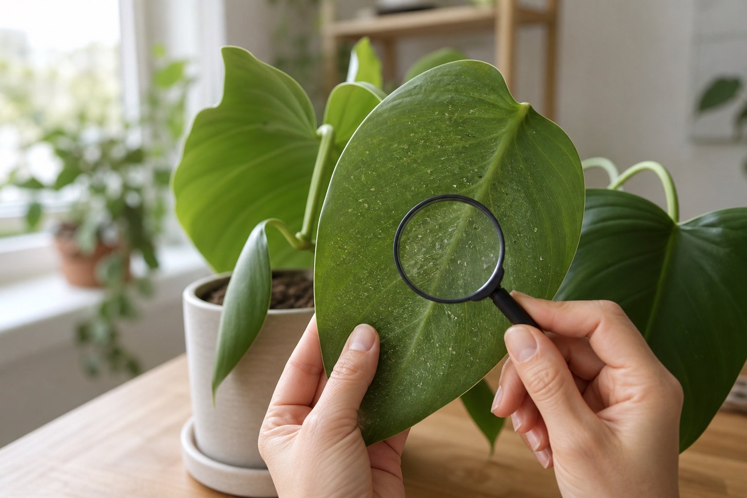 How to get rid of thrips on houseplants by inspecting scarred leaves with a magnifying glass
