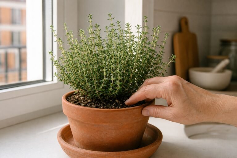 How to grow thyme indoors in a draining terracotta pot by a bright kitchen window