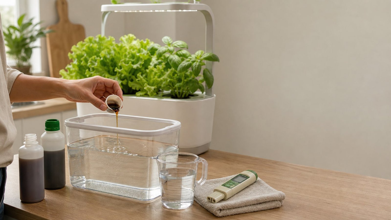 Hydroponic nutrients for beginners measured into a small reservoir