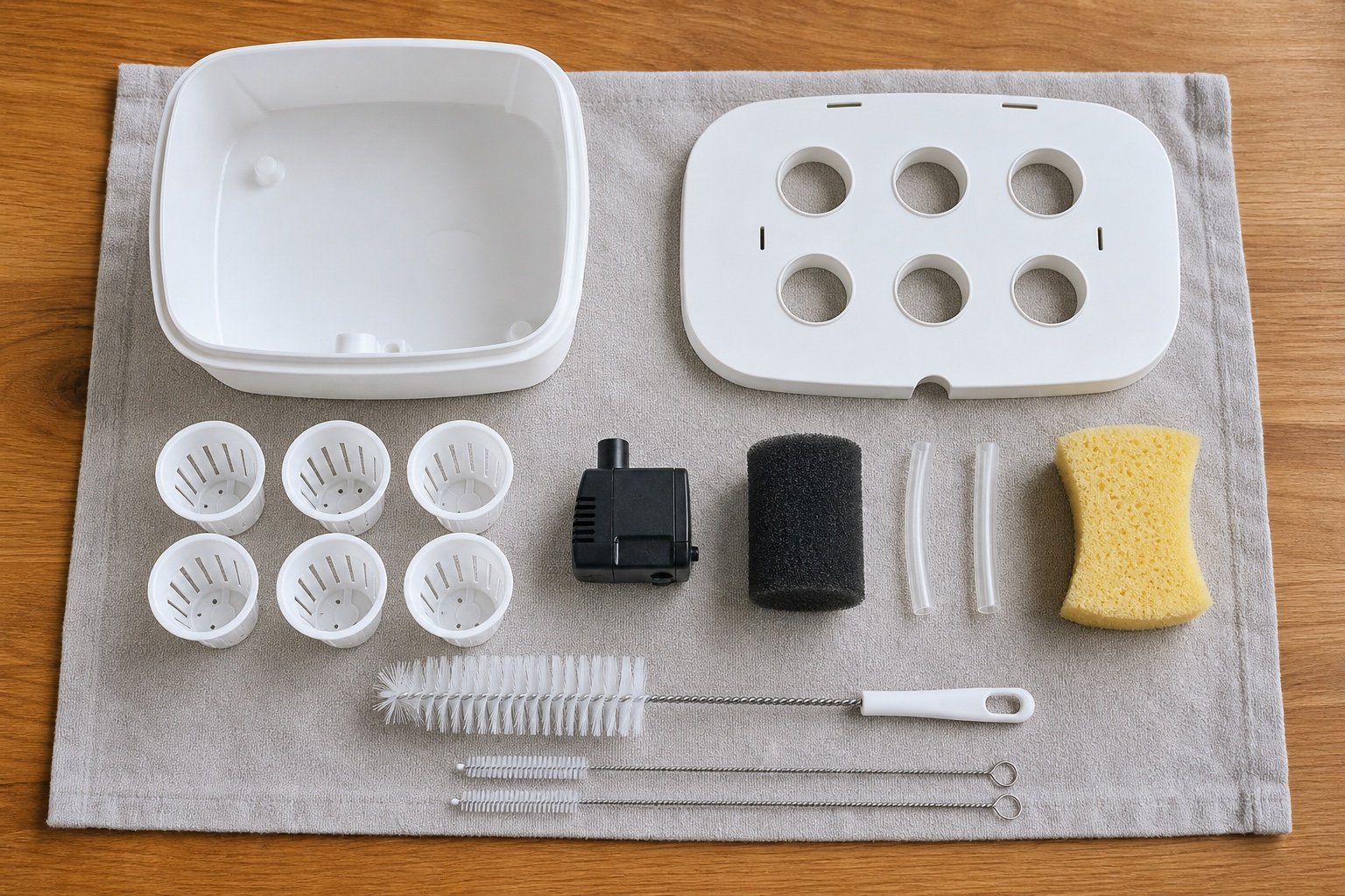 Countertop hydroponic system parts arranged for cleaning