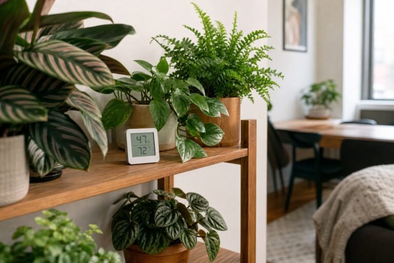 Hygrometer for houseplants positioned at leaf height on a wooden shelf