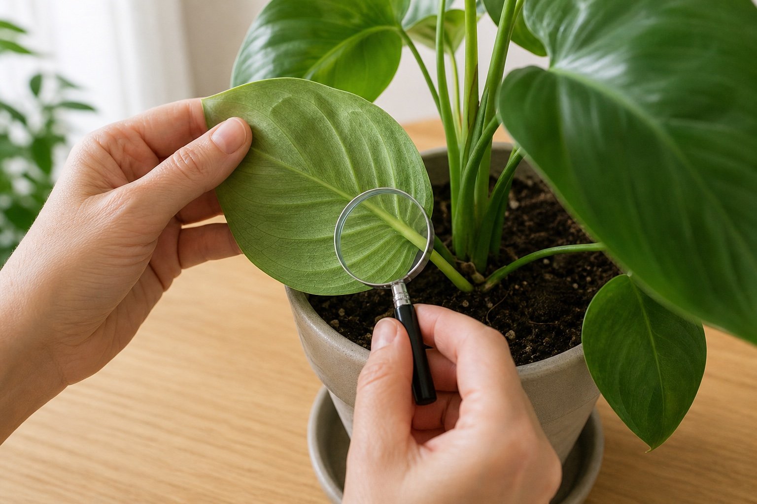 Inspecting the underside of a new houseplant leaf with a hand lens