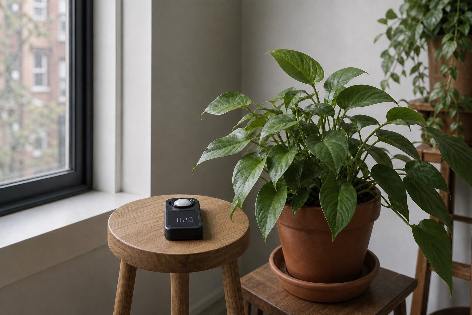 A digital light meter measuring indirect light at houseplant leaf level