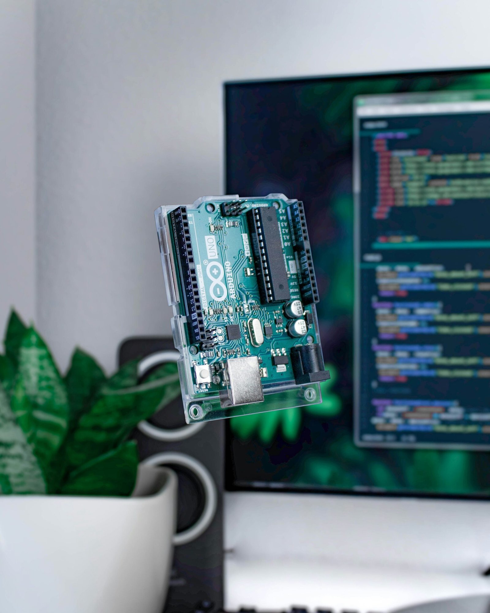 A potted houseplant wired to a small sensor board and a laptop showing a plant conversation dashboard