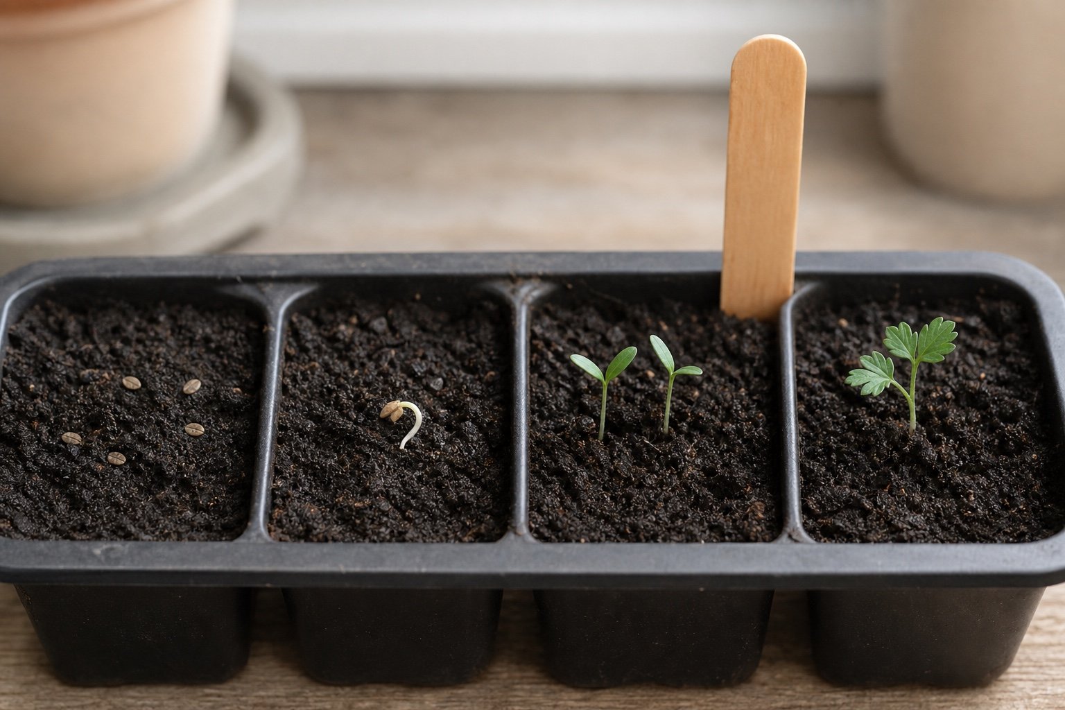 Parsley seeds at several germination stages in moist potting mix