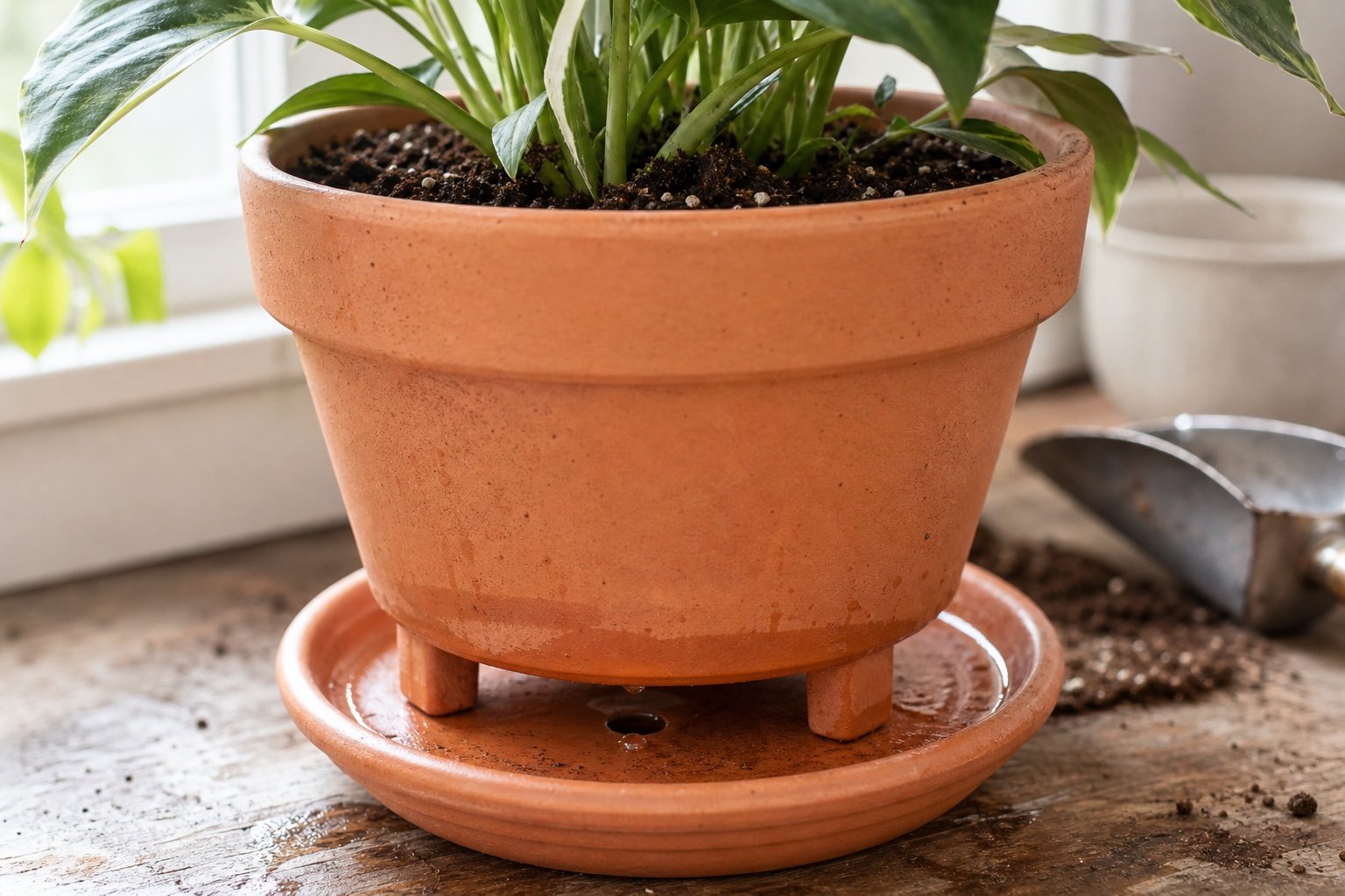 A terracotta plant pot raised above a saucer to keep its drainage route open