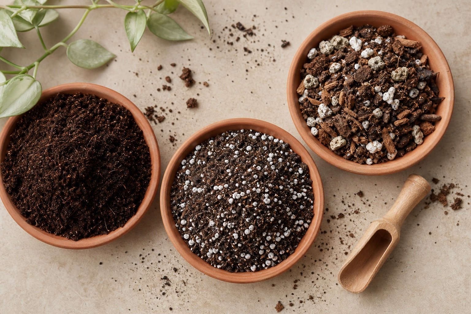 Three indoor potting mix textures, from fine to balanced and chunky