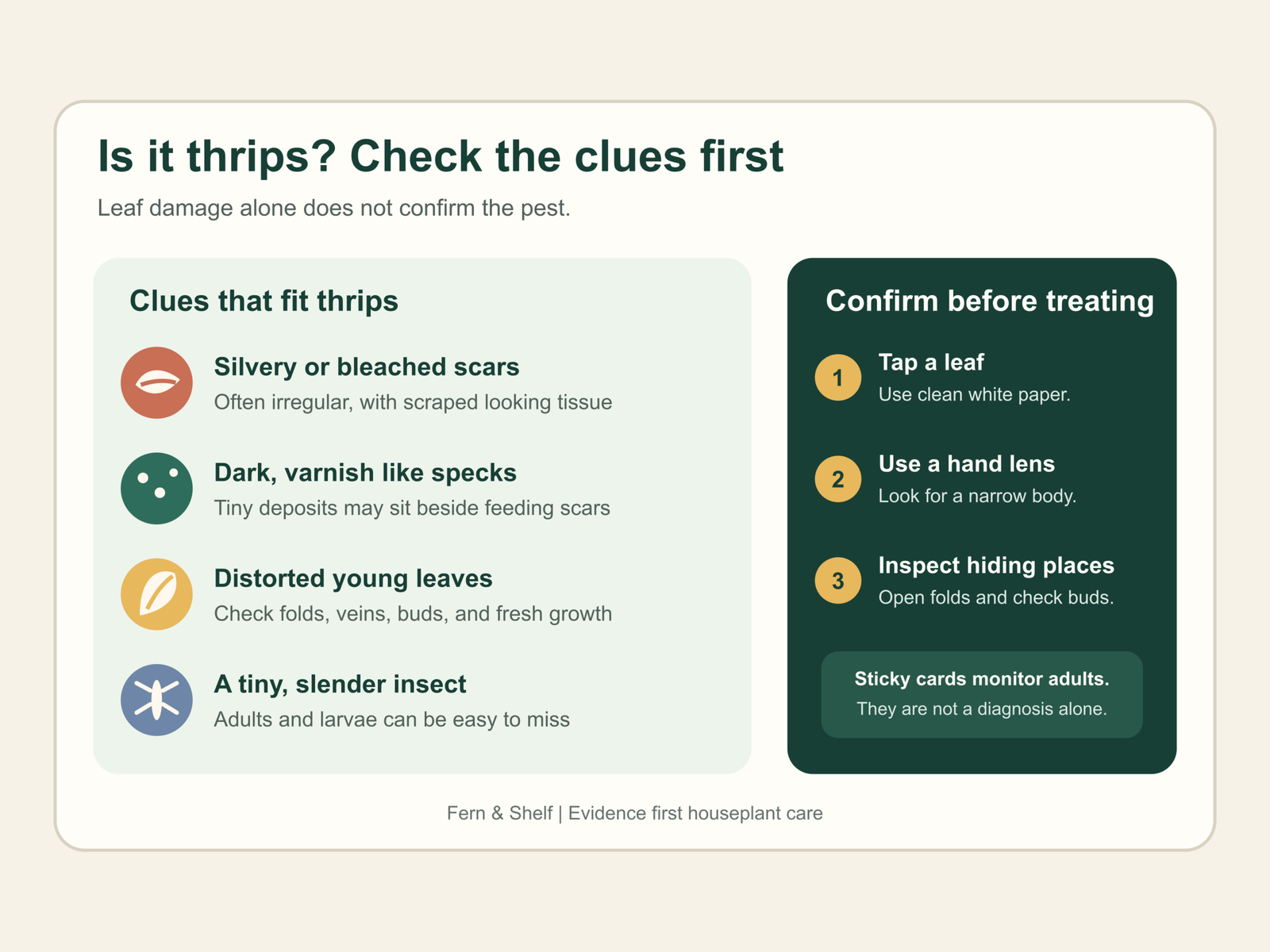 Thrips identification checks for houseplants using damage, frass, white paper, and a hand lens