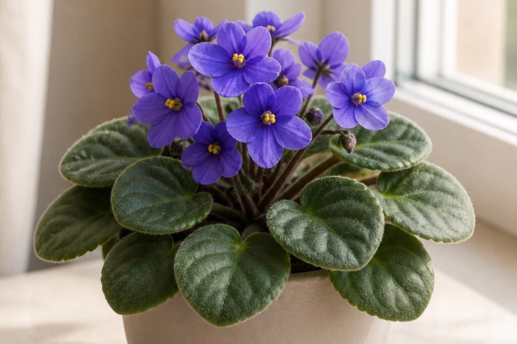 African violet care profile showing a healthy Streptocarpus ionanthus rosette in bloom