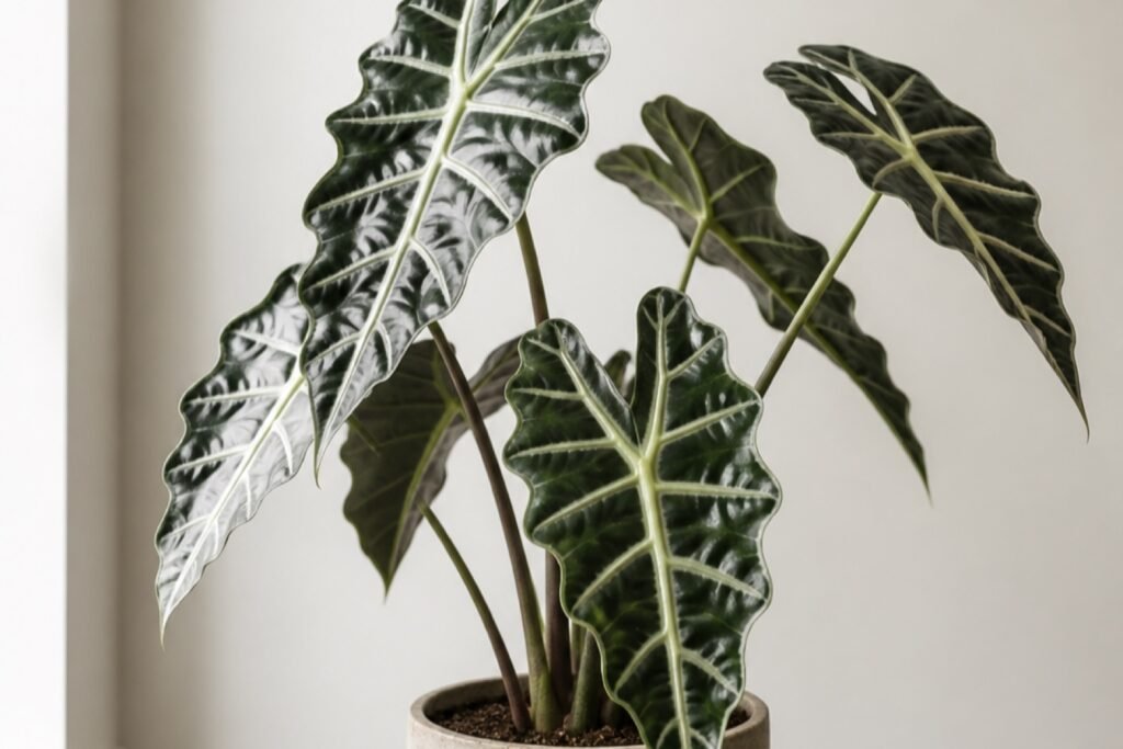 Alocasia Polly care profile showing dark leaves with pale veins