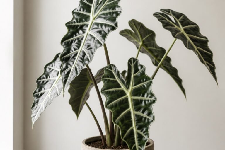 Alocasia Polly care profile showing dark leaves with pale veins
