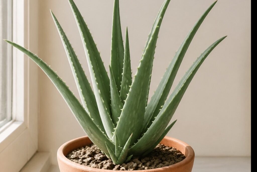 Aloe vera care indoors profile showing a sturdy healthy rosette and rooted offset