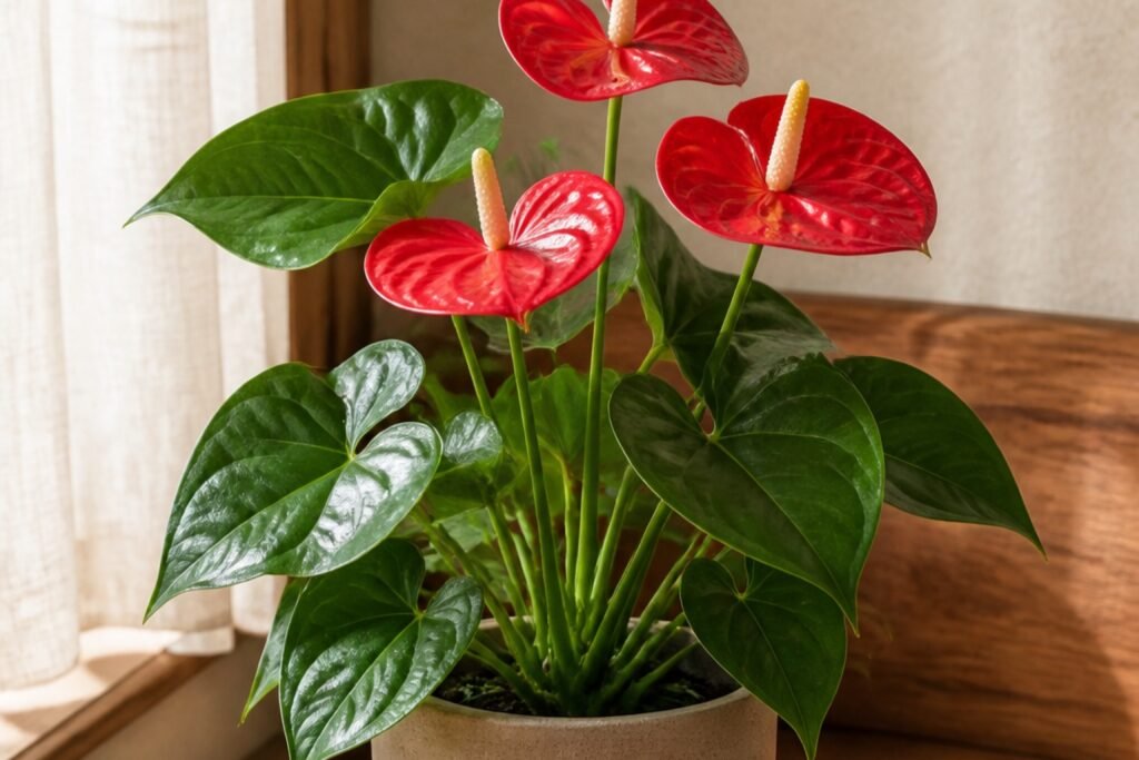 Anthurium care indoors profile showing glossy leaves and red spathes on a healthy hybrid