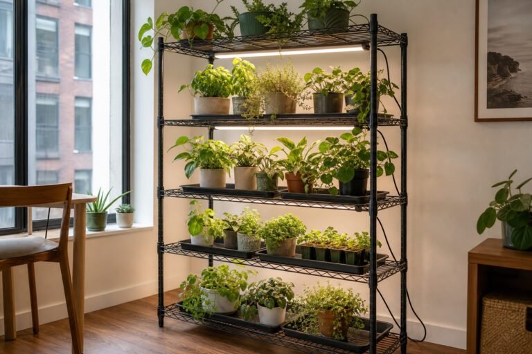 Plant shelf with grow lights in a small apartment corner
