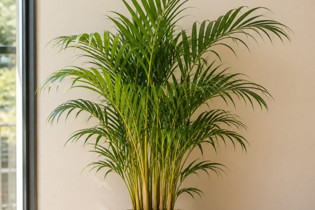 Areca palm care profile showing healthy arching Chrysalidocarpus lutescens fronds indoors