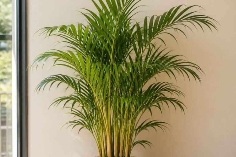 Areca palm care profile showing healthy arching Chrysalidocarpus lutescens fronds indoors