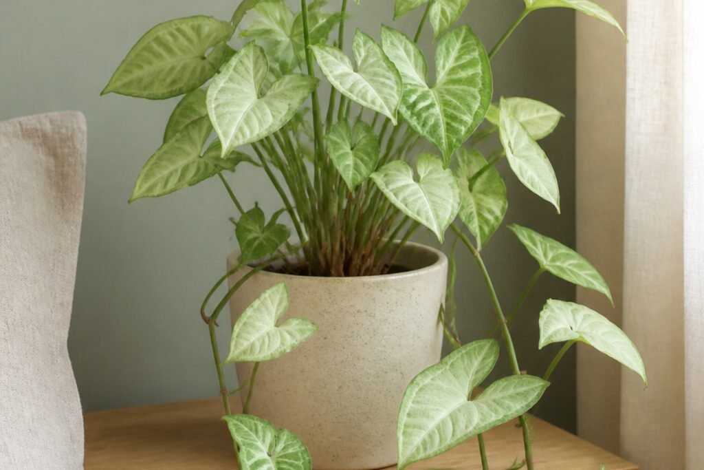 Arrowhead plant care profile showing juvenile Syngonium podophyllum leaves and trailing nodes