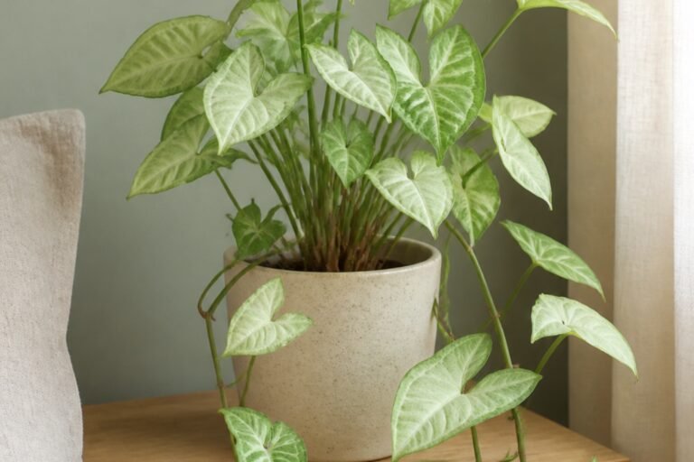 Arrowhead plant care profile showing juvenile Syngonium podophyllum leaves and trailing nodes