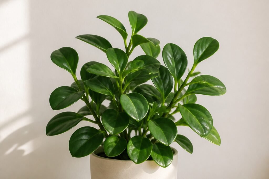 Baby rubber plant care profile showing healthy glossy Peperomia obtusifolia leaves