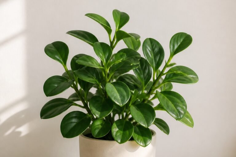 Baby rubber plant care profile showing healthy glossy Peperomia obtusifolia leaves