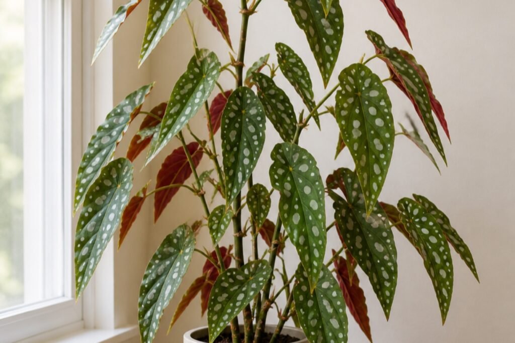 Begonia maculata care profile showing spotted angel-wing leaves