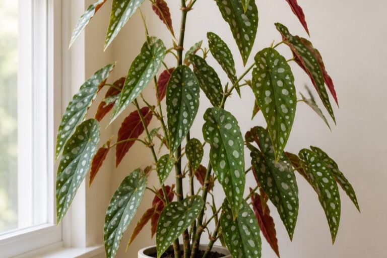 Begonia maculata care profile showing spotted angel-wing leaves