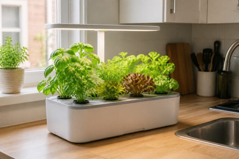 Unbranded countertop hydroponic garden growing basil and lettuce in a small kitchen