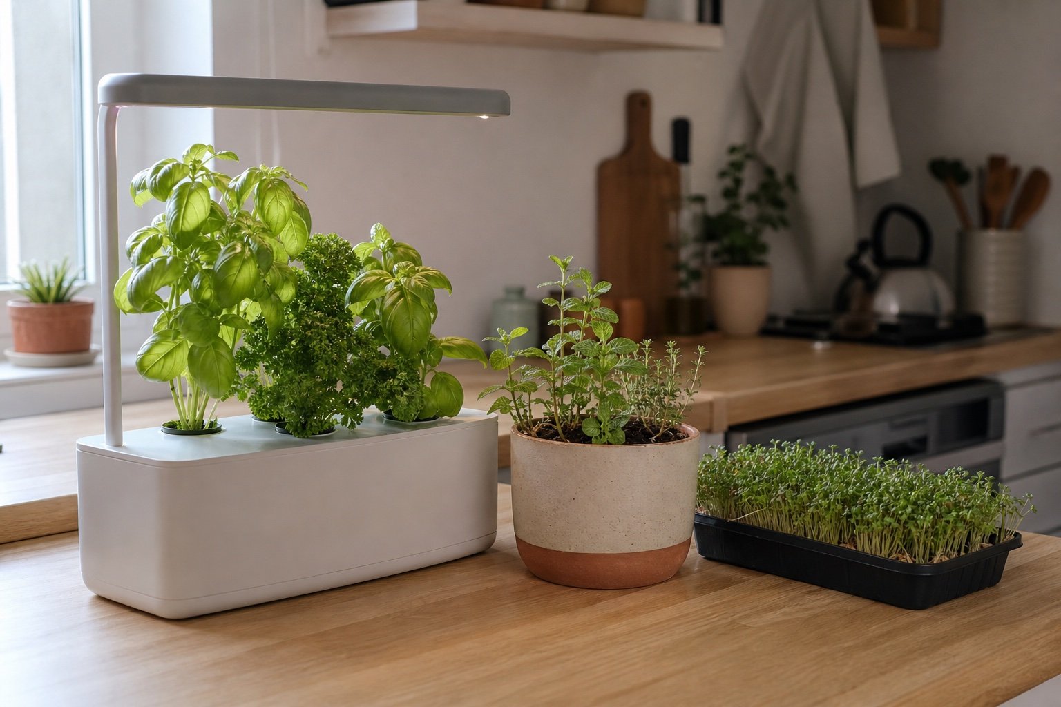 Compact hydroponic garden, soil herb pot, and microgreens tray on an apartment kitchen counter