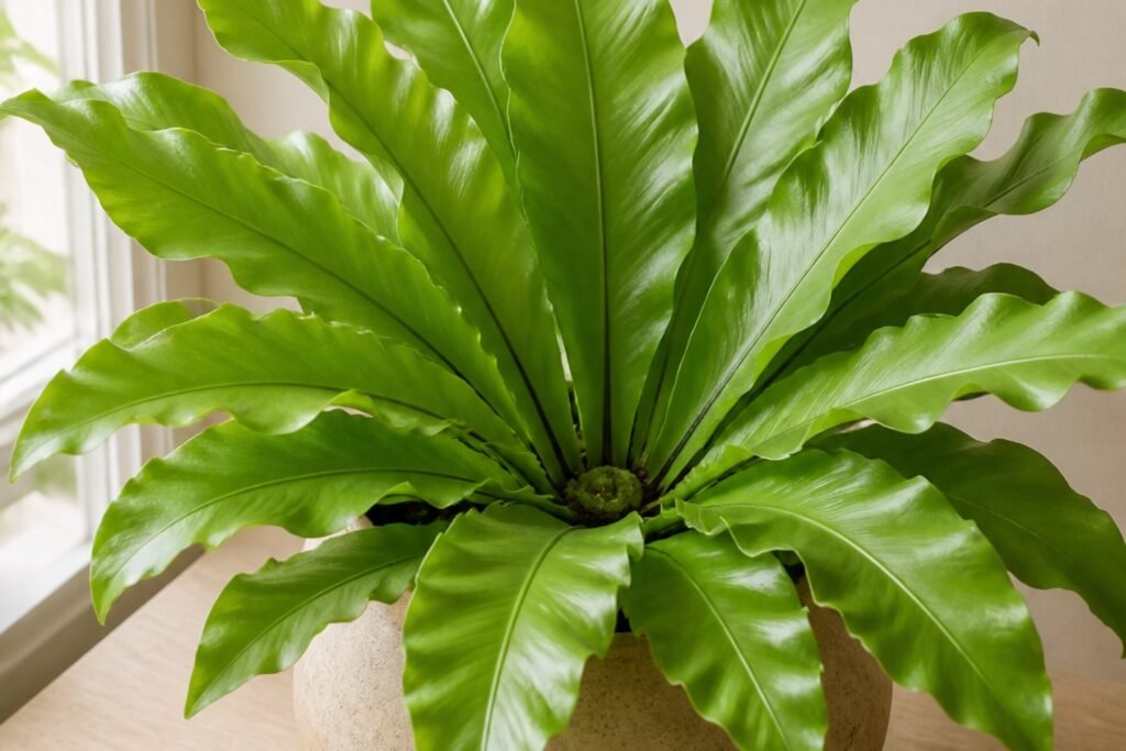 Bird's nest fern care profile showing a healthy Asplenium nidus rosette indoors