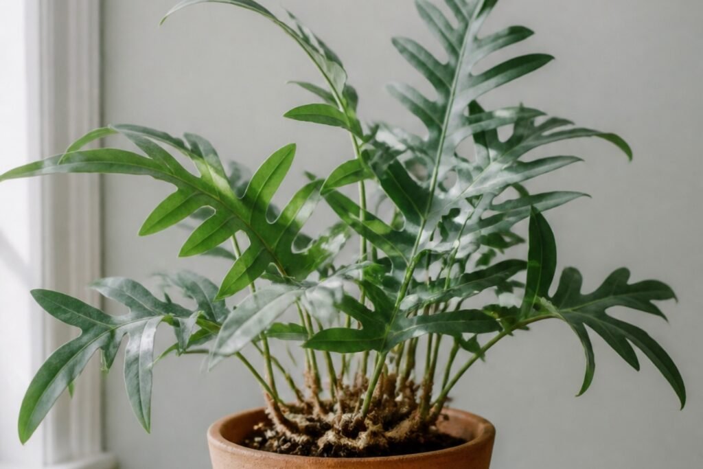 Blue star fern care profile showing blue-green Phlebodium aureum fronds and golden rhizomes