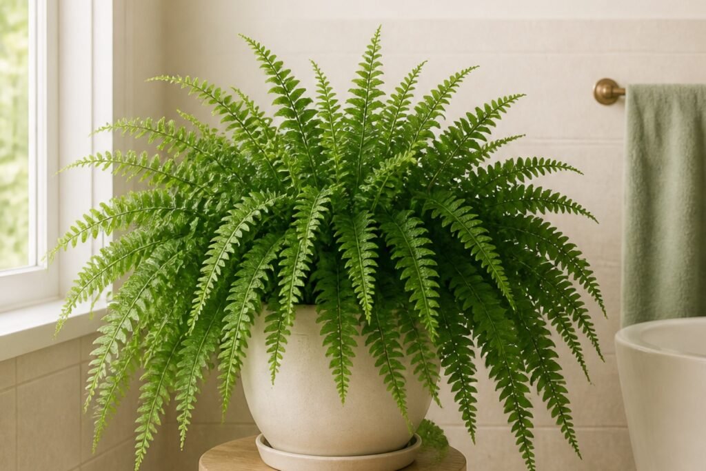 Boston fern care profile showing a healthy arching Nephrolepis exaltata indoors