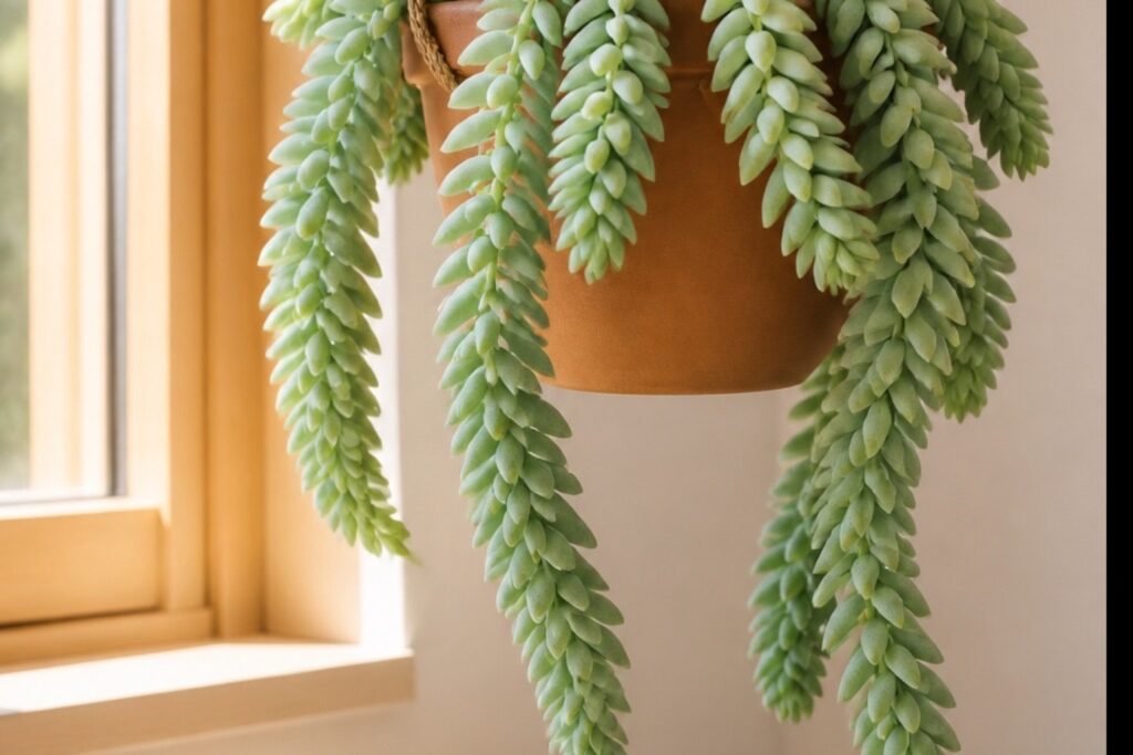 Burro's tail care profile showing dense healthy Sedum morganianum stems in a hanging pot