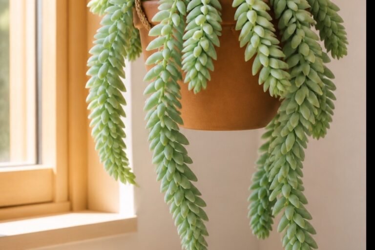 Burro's tail care profile showing dense healthy Sedum morganianum stems in a hanging pot